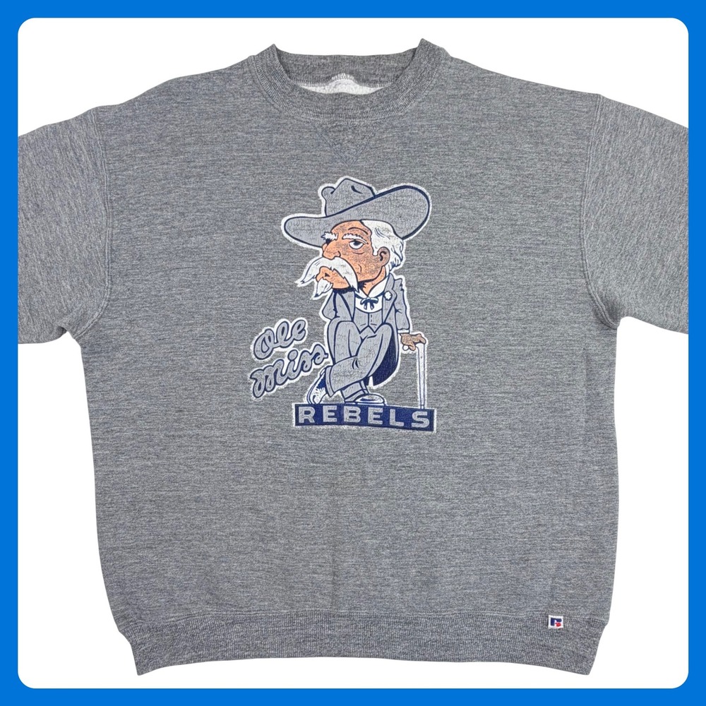 Russell Ole Miss Rebels Sweatshirt Men L Gray Fleece Mississippi 90s Vintage USA